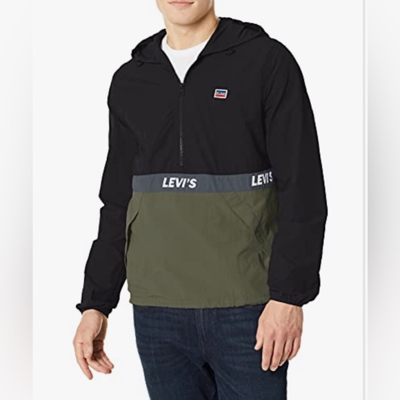 Levis | Retro Hooded Colourblock Black and Green Windbreaker Jacket - Picture 1 of 5
